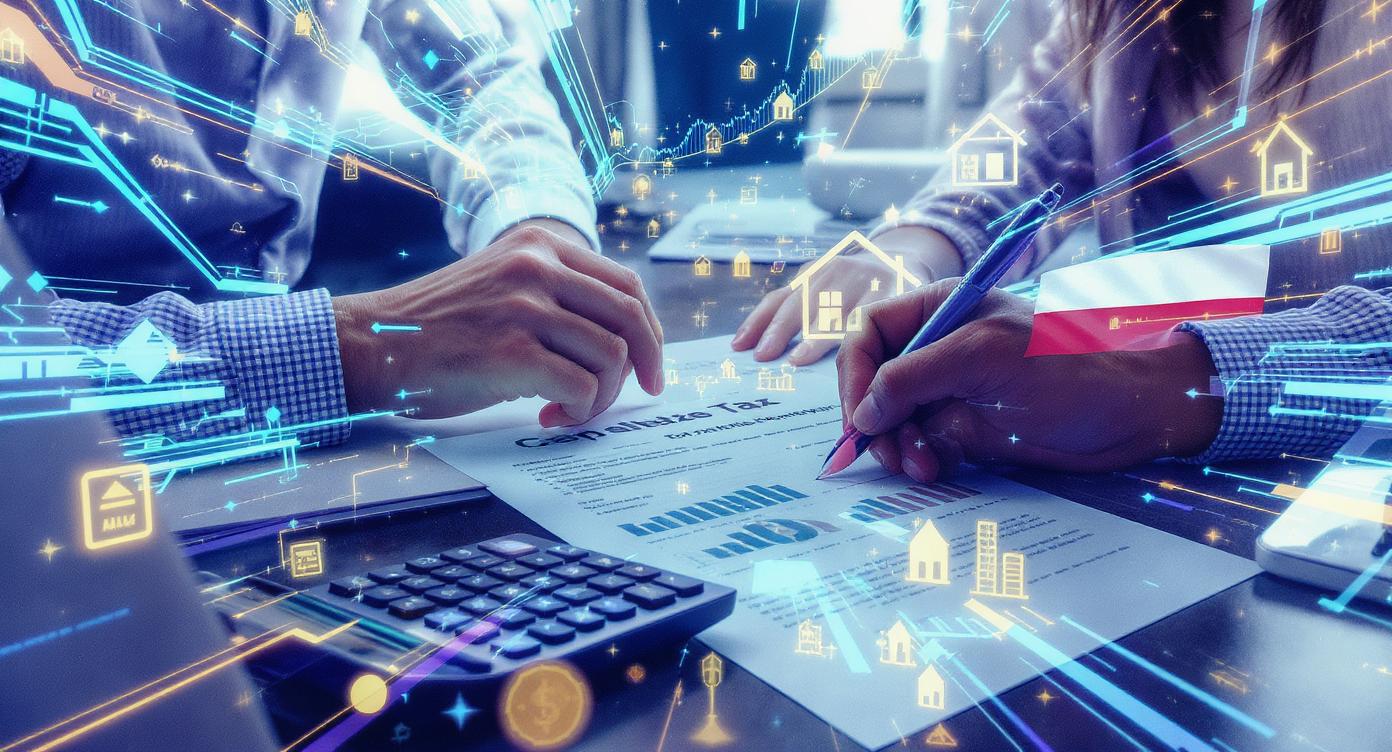 Ilustracja przedstawiająca grupę osób – początkującego nabywcę, inwestora i doradcę podatkowego – zebranych przy biurku z dokumentami podatkowymi, kalkulatorem i laptopem wyświetlającym wykresy finansowe. W tle widoczna sylwetka domu i polska flaga, symbolizujące rynek nieruchomości w Polsce. Kompozycja w odcieniach niebieskiego, szarego i złotego, przekazująca atmosferę profesjonalizmu i klarowności w procesie obliczania podatku od zakupu nieruchomości.