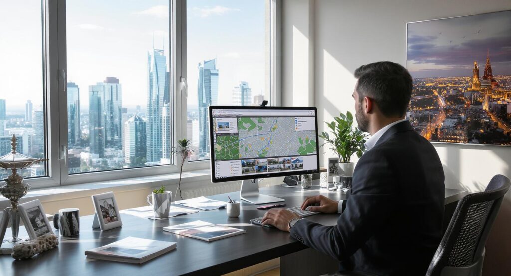 Nowoczesne biuro nieruchomości w Warszawie z agentami przy biurku, na którym leżą broszury i mapa miasta, z widokiem na panoramę Warszawy.